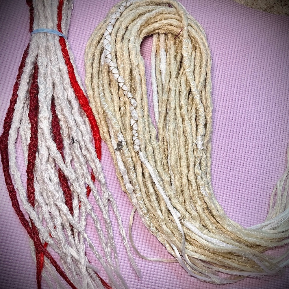Handmade Crocheted Dreadlock Extensions in Natural Blonde, silver, & Red